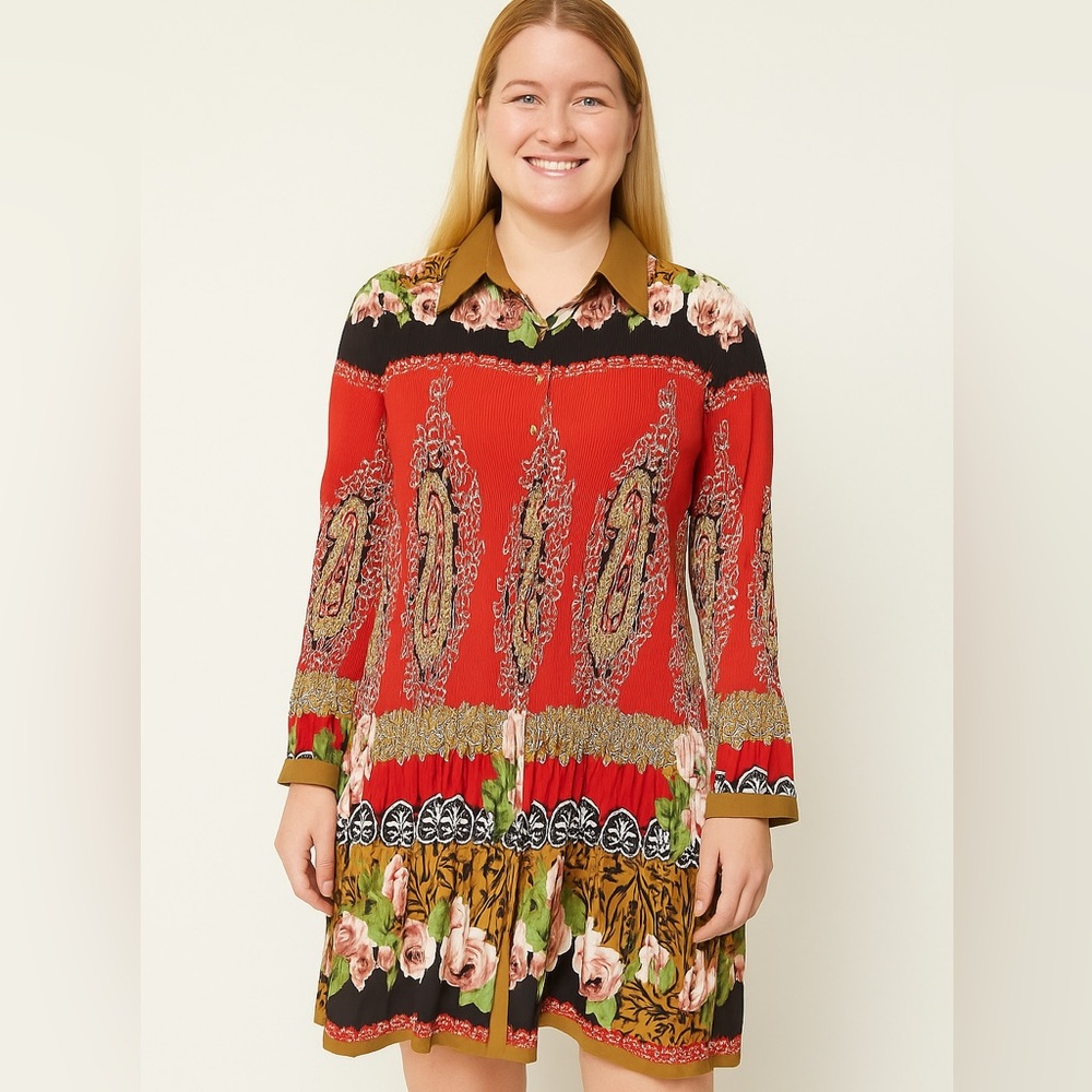 LINDI Accordian Pleat Tunic Dress Size Large Button Front Collar Boho Festival